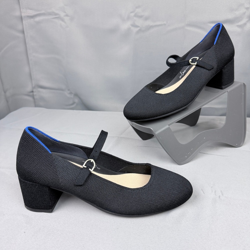 Rothys The Mary Jane Block Heel Black Solid Knit Shoes W8.5 223-001